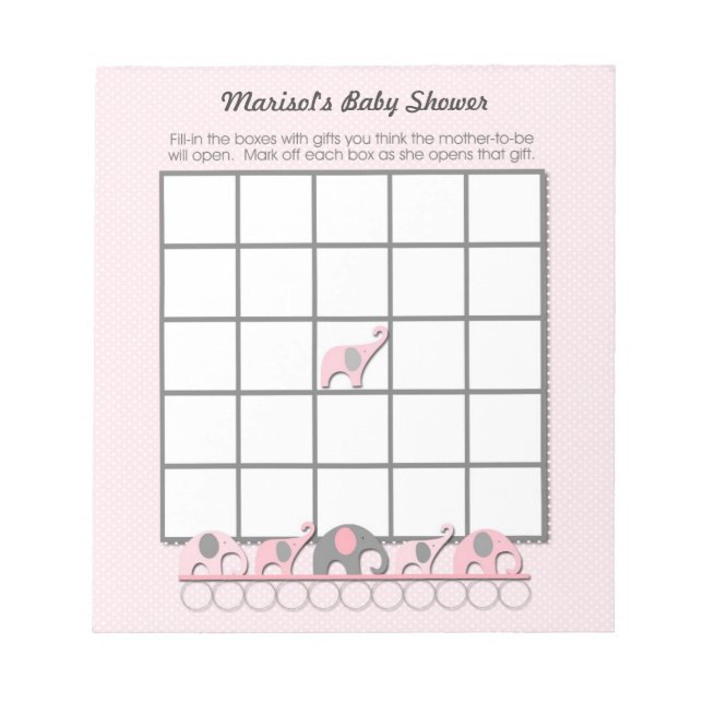 Rosa Grått Elephants Baby Shower Bingo Game pad Anteckningsblock (Framsida)