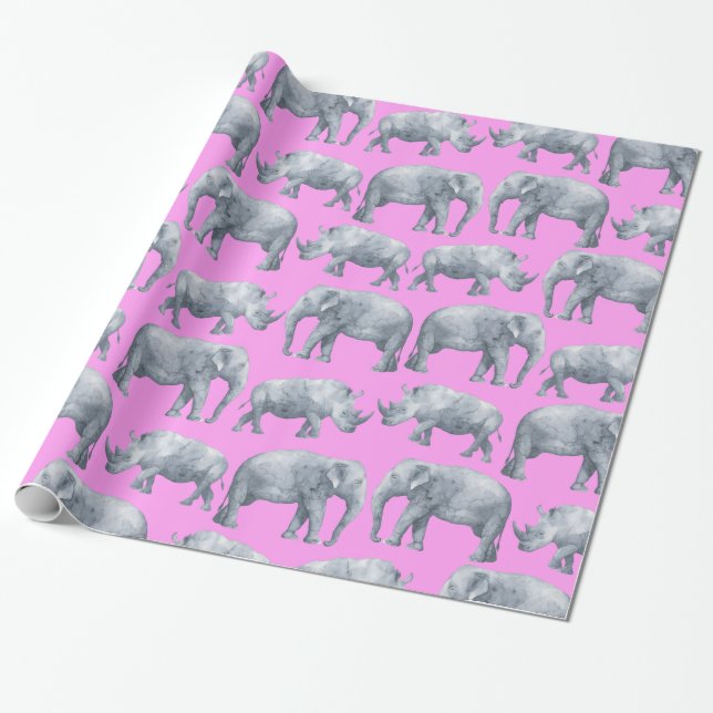 Rosa Grått Elephants och Rhinos Watercolor Mönster Presentpapper (Utrullad)