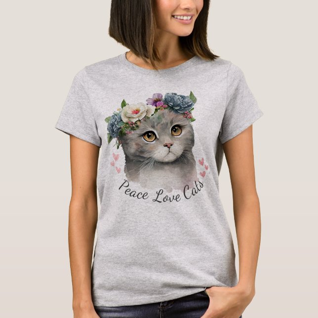 Rosa Grått färg fred kärlek Cat T-Shirt för kvinno (Framsida)