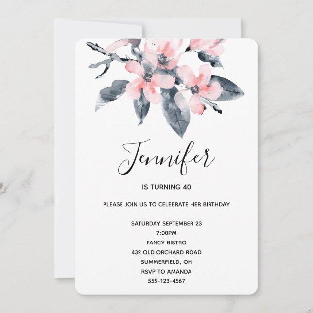 Rosa & Grått Flowers Classy Watercolor Birthday Inbjudningar (Framsida)