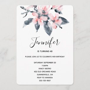 Rosa & Grått Flowers Classy Watercolor Birthday Inbjudningar