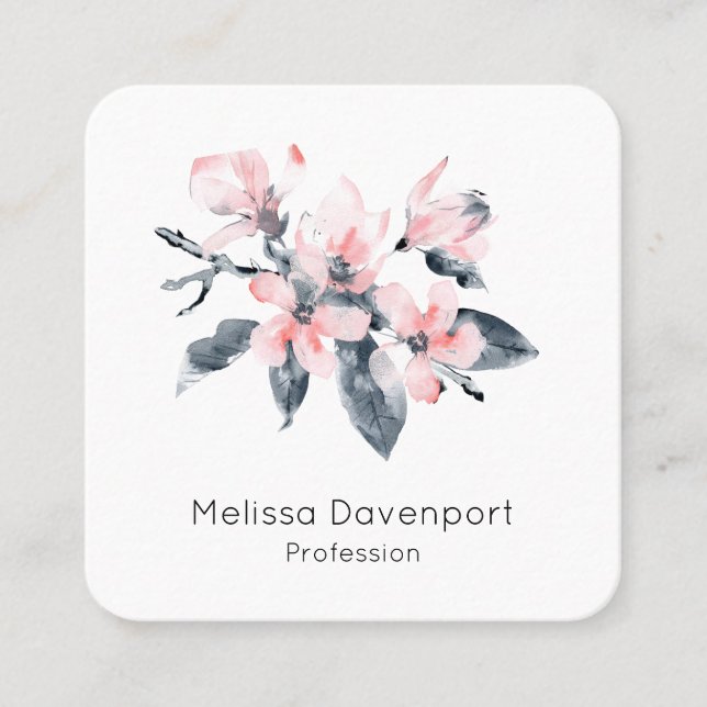 Rosa & Grått Flowers Classy Watercolor Botanical Fyrkantigt Visitkort (Framsida)