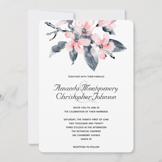 Rosa & Grått Flowers Classy Watercolor Bröllop Inbjudningar (Framsida)