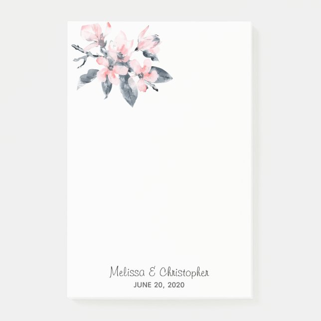 Rosa & Grått Flowers Classy Watercolor Bröllop Post-it Block (Framsida)