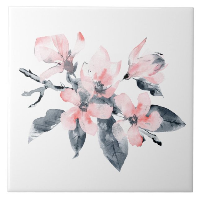 Rosa & Grått Flowers Classy Watercolor Kakelplatta (Framsidan)