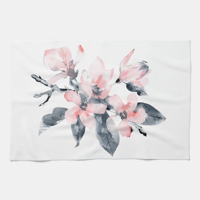 Rosa & Grått Flowers Classy Watercolor Kökshandduk (Horisontell)