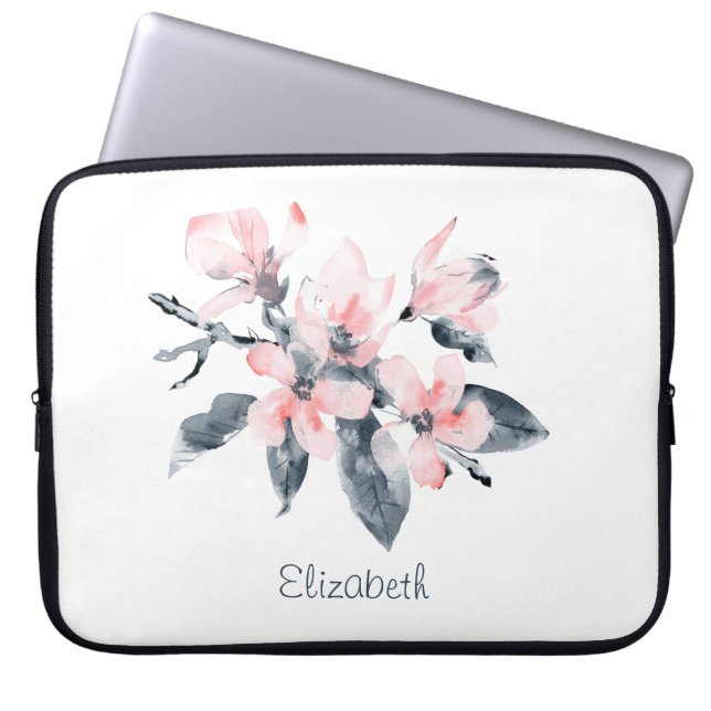 Rosa & Grått Flowers Classy Watercolor Laptop Fodral (Framsidan)