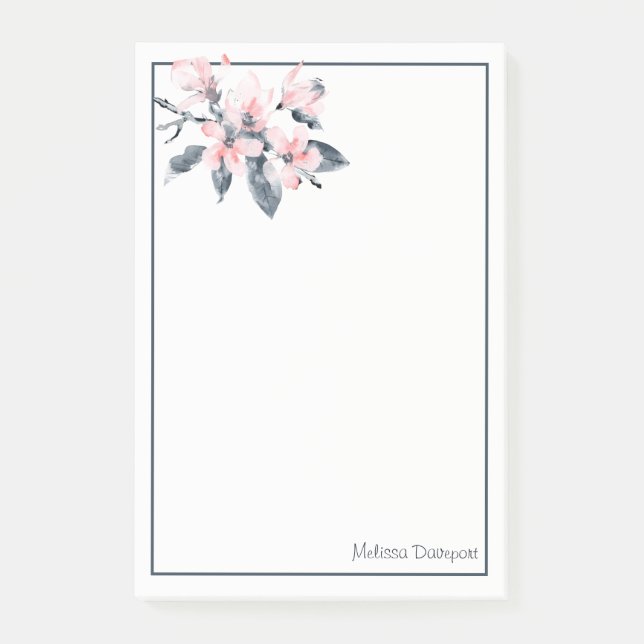 Rosa & Grått Flowers Classy Watercolor Post-it Block (Framsida)