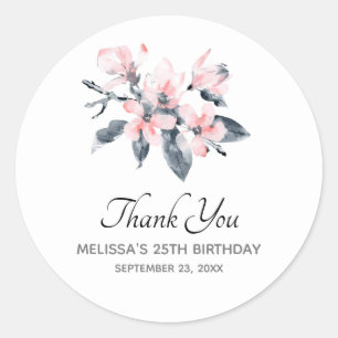 Rosa & Grått Flowers Classy Watercolor Tack Runt Klistermärke