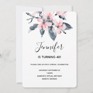 Rosa & Grått Flowers Watercolor Virtuell Birthday Inbjudningar