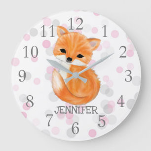 Rosa Grått Fox Nursery Decor Wall Clock Stor Klocka