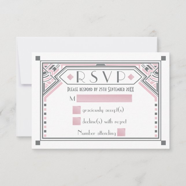 Rosa - Grått Gatsby Art Deco Stil Bröllop OSA Kort (Framsida)