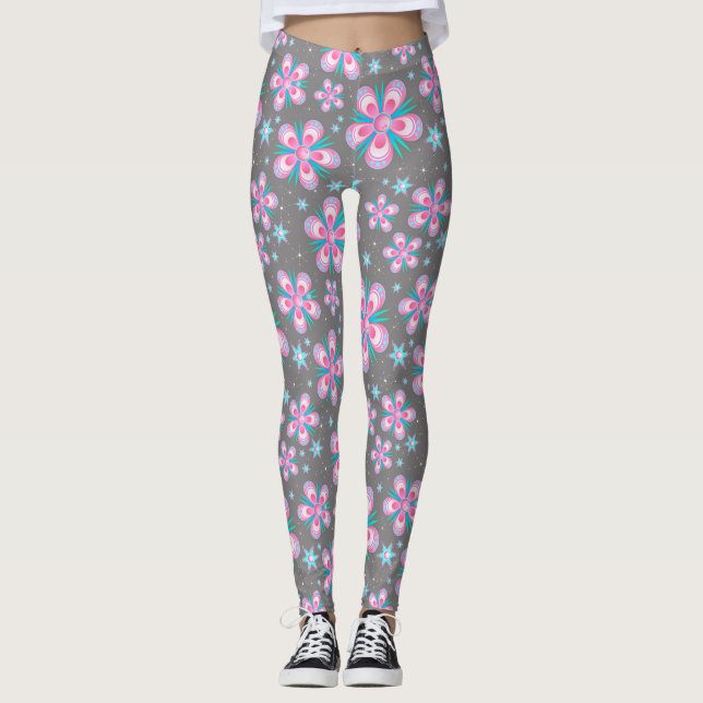 Rosa & Grått Geometric Blommigt Leggings (Framsida)