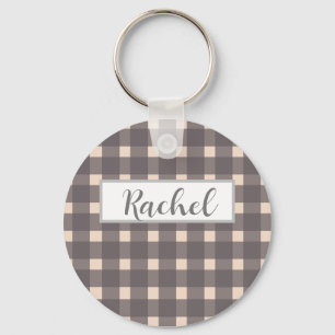 Rosa Grått Gingham Personlig Nyckelring