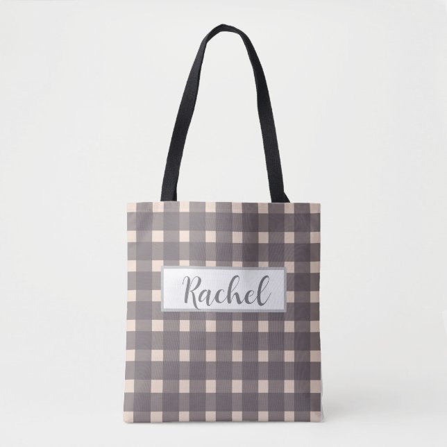 Rosa Grått Gingham Personlig Tote Bag Tygkasse (Framsida)