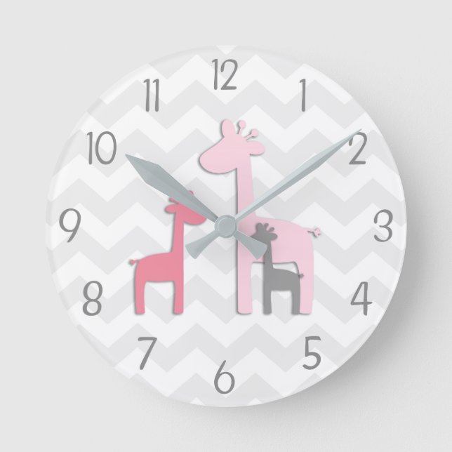 Rosa Grått Giraffe Wall Clock Rund Klocka (Framsida)