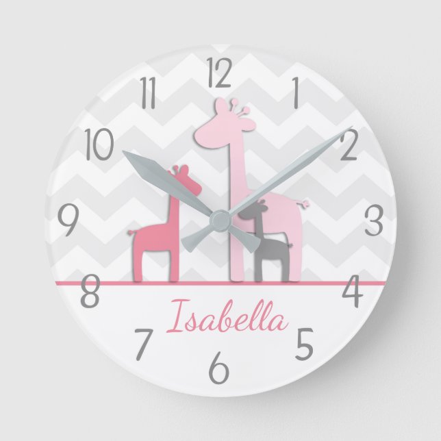 Rosa Grått Giraffe Wall Clock Rund Klocka (Framsida)