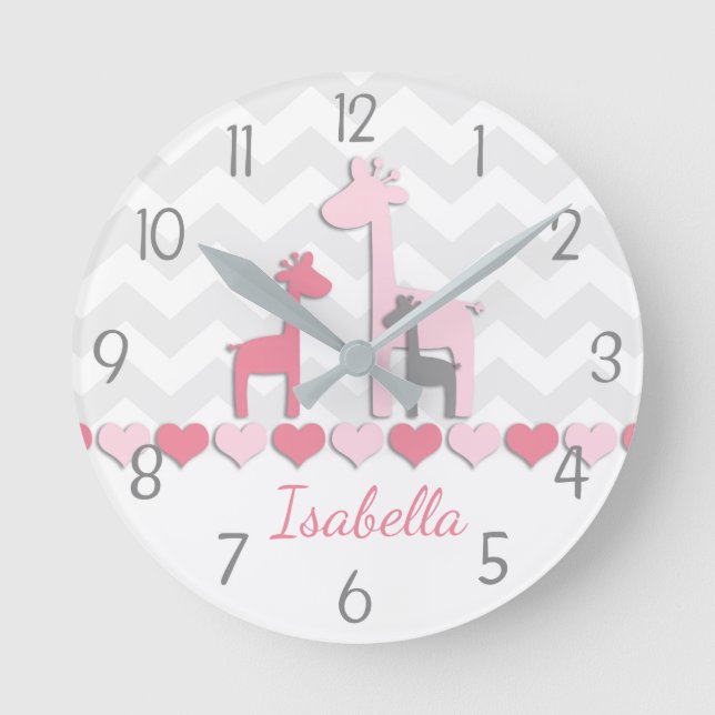 Rosa Grått Giraffe Wall Clock Rund Klocka (Framsida)