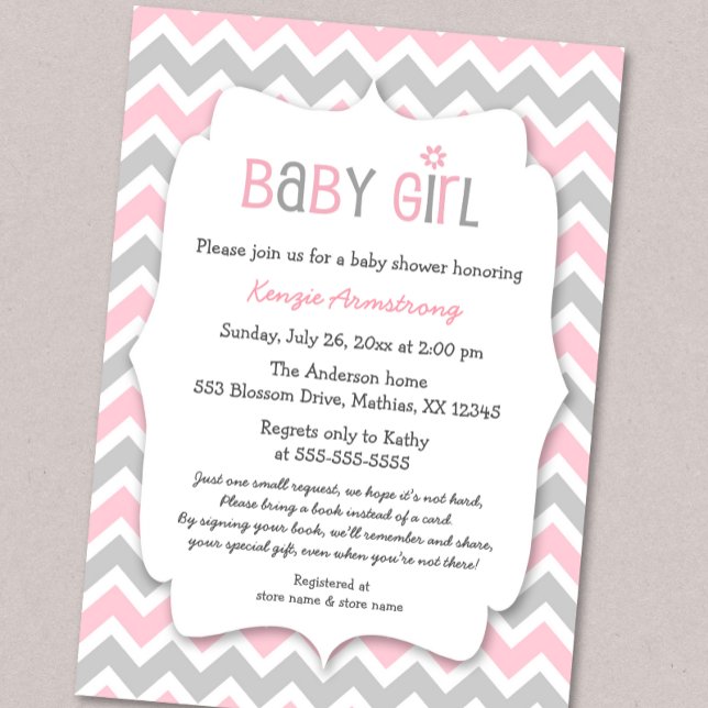 Rosa Grått Girl Baby Shower Inbjudan tar med en bo (Skapare uppladdad)