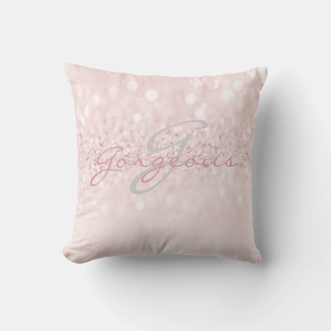 Rosa Grått Girly Glitter Silver Monogram Namn Kudde (Framsida)