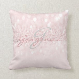 Rosa Grått Girly Glitter Silver Monogram Namn Kudde