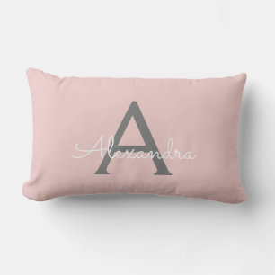 Rosa Grått Girly Script Monogram Namn Modern Lumbarkudde