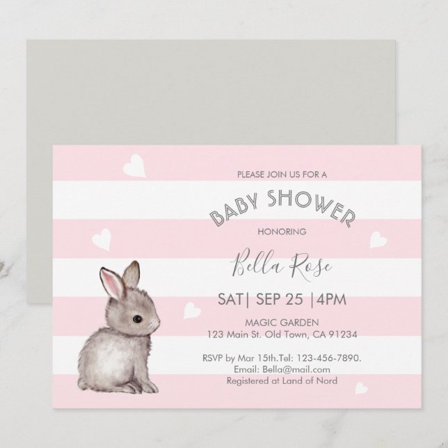 Rosa Grått Heart Bunny Baby Shower-inbjudningar Inbjudningar (Fram/baksida)