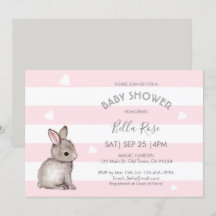 Rosa Grått Heart Bunny Baby Shower-inbjudningar
