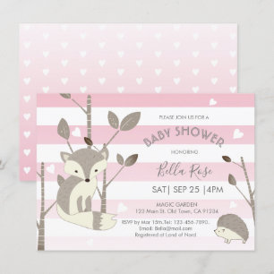 Rosa Grått Heart Fox Hedgehog Baby Shower Card Inbjudningar