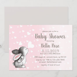 Rosa Grått Hearts Bunny Baby Shower-inbjudningar Inbjudningar