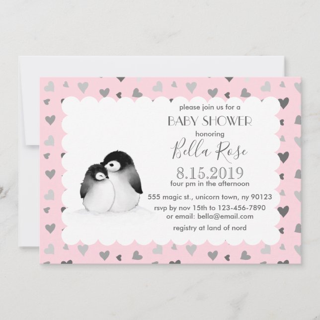 Rosa Grått Hearts Penguins Baby Shower-inbjudninga Inbjudningar (Framsida)