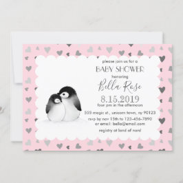 Rosa Grått Hearts Penguins Baby Shower-inbjudninga Inbjudningar