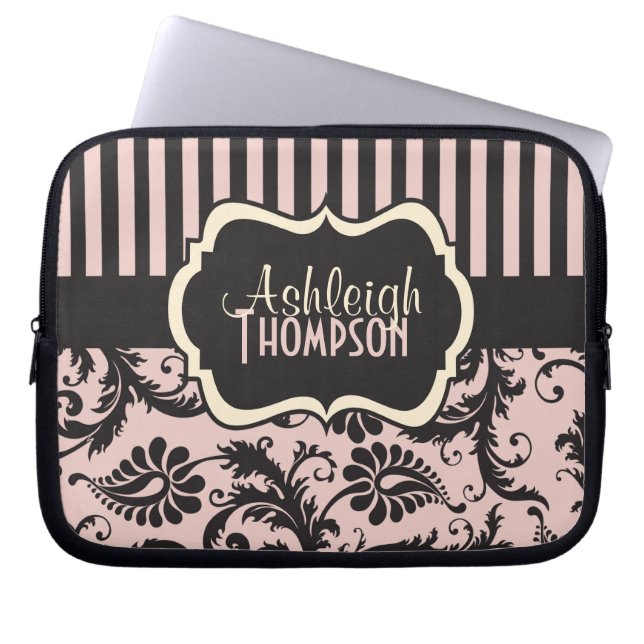 Rosa Grått Ivory Polka dots Stripe Laptop sleeve (Framsidan)