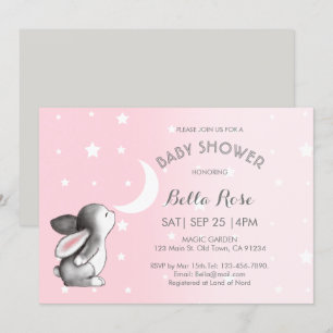 Rosa Grått Måne Stars Bunny Baby Shower-inbjudning Inbjudningar