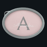 Rosa Grått Modern Script Girly Monogram Namn<br><div class="desc">Rosa och Grått Enkelt skript Monogram Namn Bälte Buckle. Detta gör perfekt studenten,  söt 16 16,  18,  21,  30,  40,  50,  60,  70,  80,  90:e,  100-årsdag,  bröllop,  möhippa,  årsdag,  babydusch eller bachelorette-gåva till någon som glam lyx och chic stilar.</div>