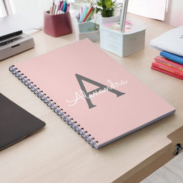  Rosa Grått Modern Script Girly Monogram Namn Anteckningsbok