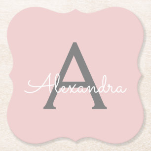  Rosa Grått Modern Script Girly Monogram Namn Underlägg Papper