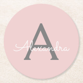  Rosa Grått Modern Script Girly Monogram Namn Underlägg Papper Rund