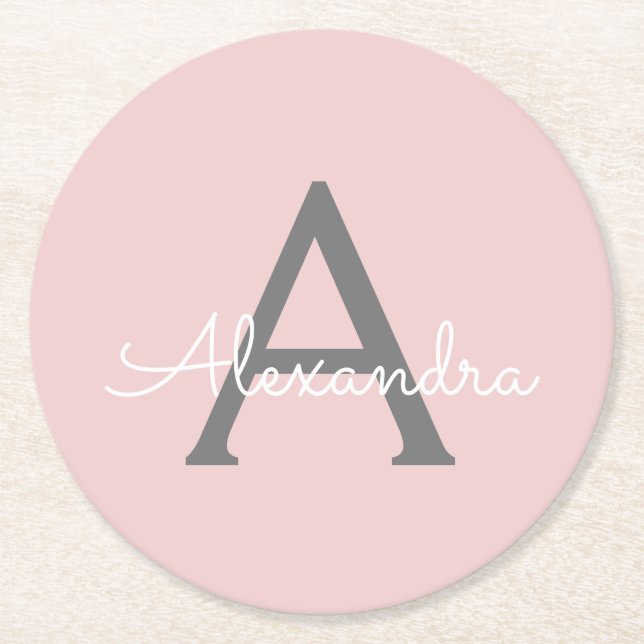  Rosa Grått Modern Script Girly Monogram Namn Underlägg Papper Rund (Framsidan)