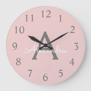 Rosa Grått Modern skript Girly Monogram Namn Stor Klocka
