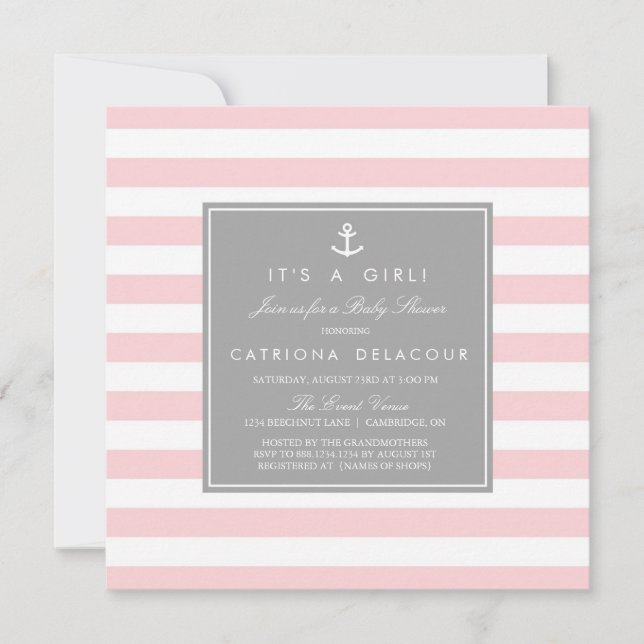 Rosa Grått Nautical Rand Baby Shower-inbjudan Inbjudningar (Framsida)