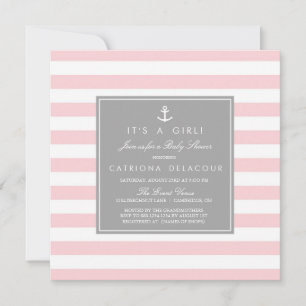 Rosa Grått Nautical Rand Baby Shower-inbjudan Inbjudningar