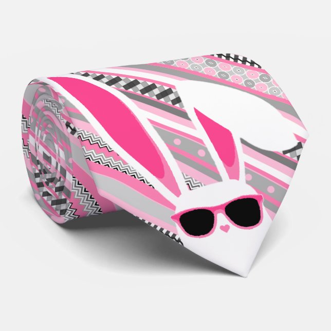 Rosa, Grått och vit Rand med vit Påskhare Slips (Rullad)