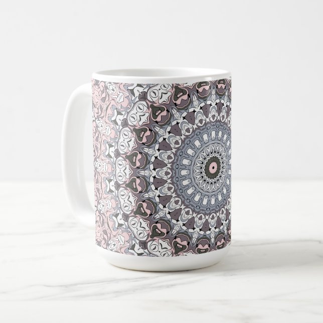 Rosa Grått och Vitt Mandalamönster Kaffemugg (Framsida vänster)