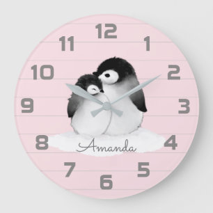 Rosa Grått Penguin Nursery Decor Wall Clock Stor Klocka
