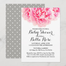 Rosa Grått Peony Baby Shower Inbjudan