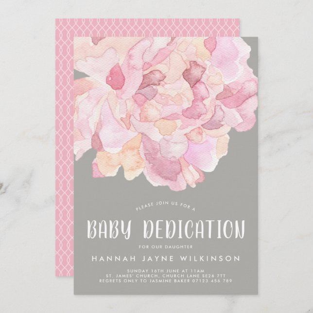 Rosa & Grått Peony Watercolor Baby Dedication Inbjudningar (Fram/baksida)