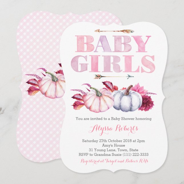 Rosa Grått Pumpkins Twin Girls Baby Shower Inbjudningar (Fram/baksida)