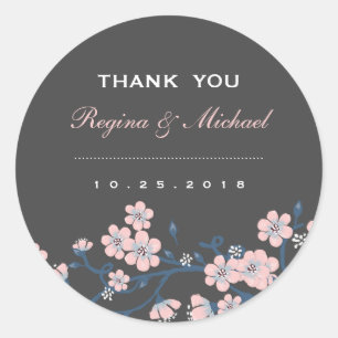 Rosa Grått Sakura Flower Wedding Favor Sticker Runt Klistermärke