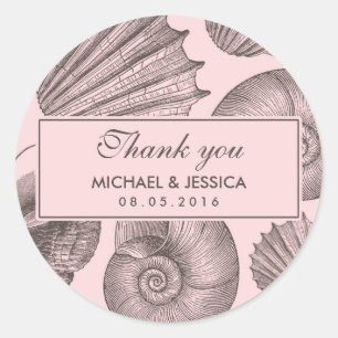 Rosa Grått Seashell Wedding Favor Tack Sticker Runt Klistermärke